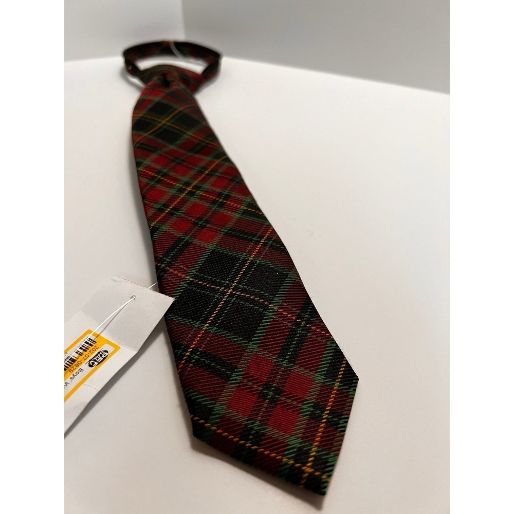 Cat & Jack Zipper Tie Boys M/L Red Green Plaid New Holiday Woven Necktie